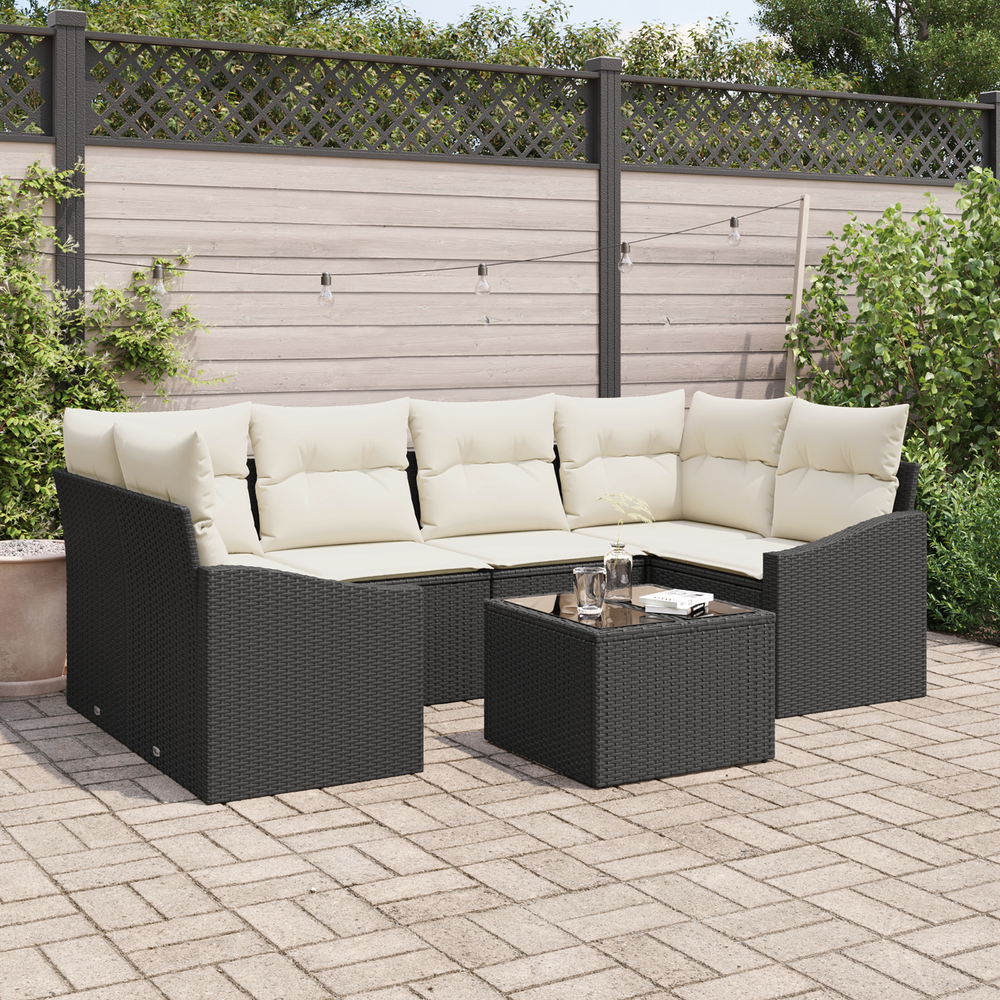 7-piece outdoor dining set with cushions black poly rattan