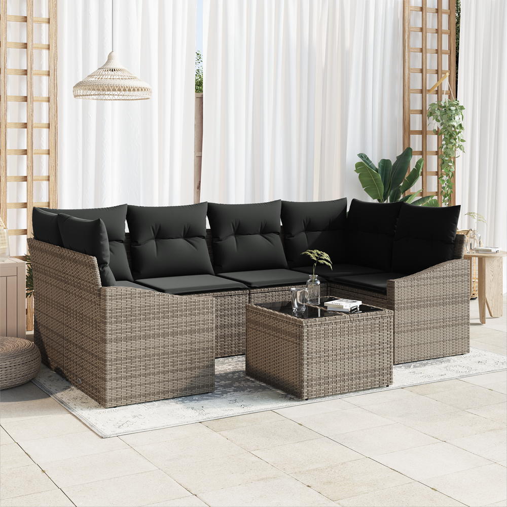 7-Piece Garden Dining Set with Cushions, Grey Poly Rattan