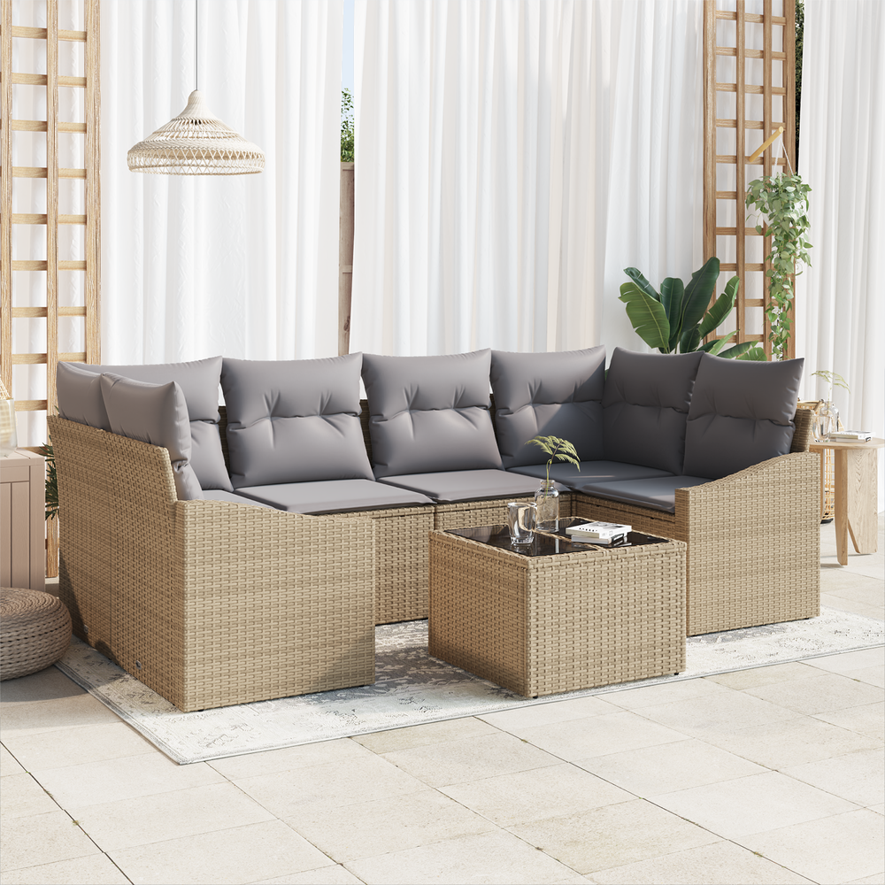 7-piece garden dining set with cushions light beige poly rattan