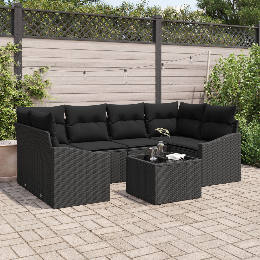 7-piece outdoor dining set with cushions, black poly rattan