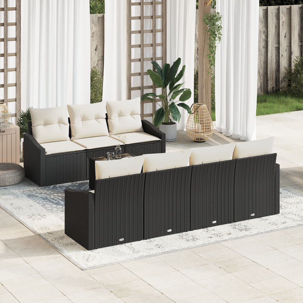 8-piece garden dining set with cushions, black poly rattan