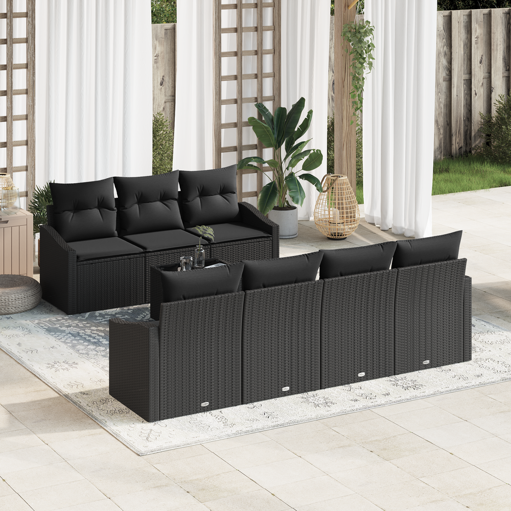 8-Piece Garden Dining Set with Cushions, Black Poly Rattan