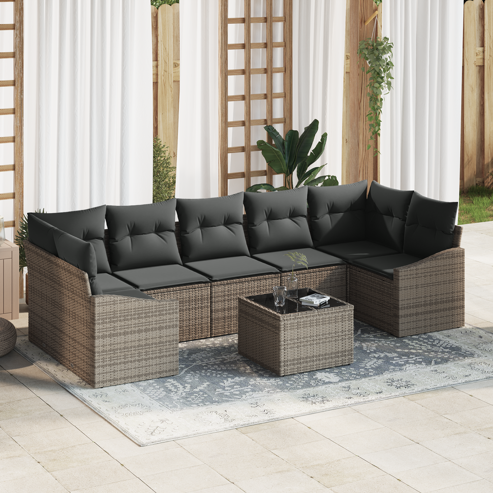 8-piece garden sofa set with cushions, grey, poly rattan