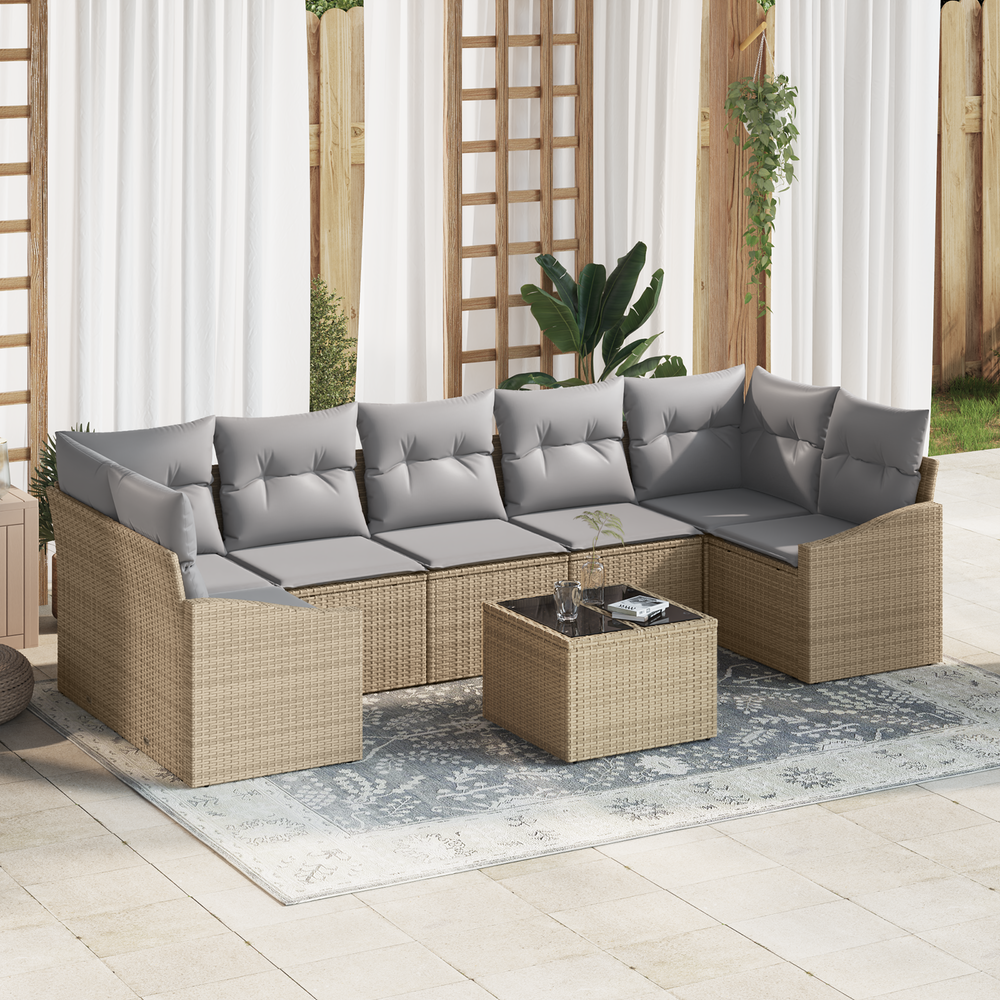 8-piece garden sofa set with cushions, sand-coloured poly rattan