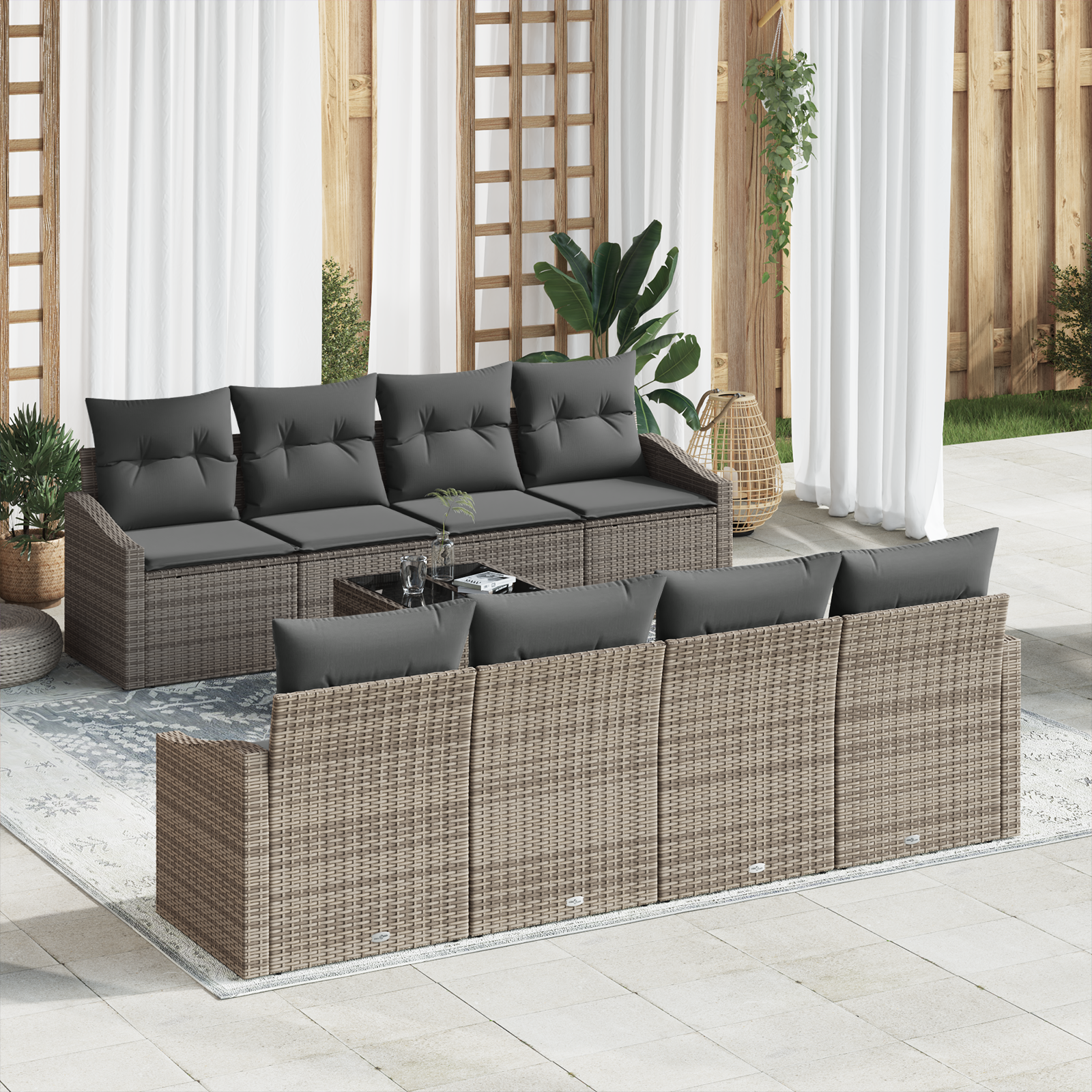7 dalių sodo sofas su pagalvėm, pilkos spalvos, poli ratanas