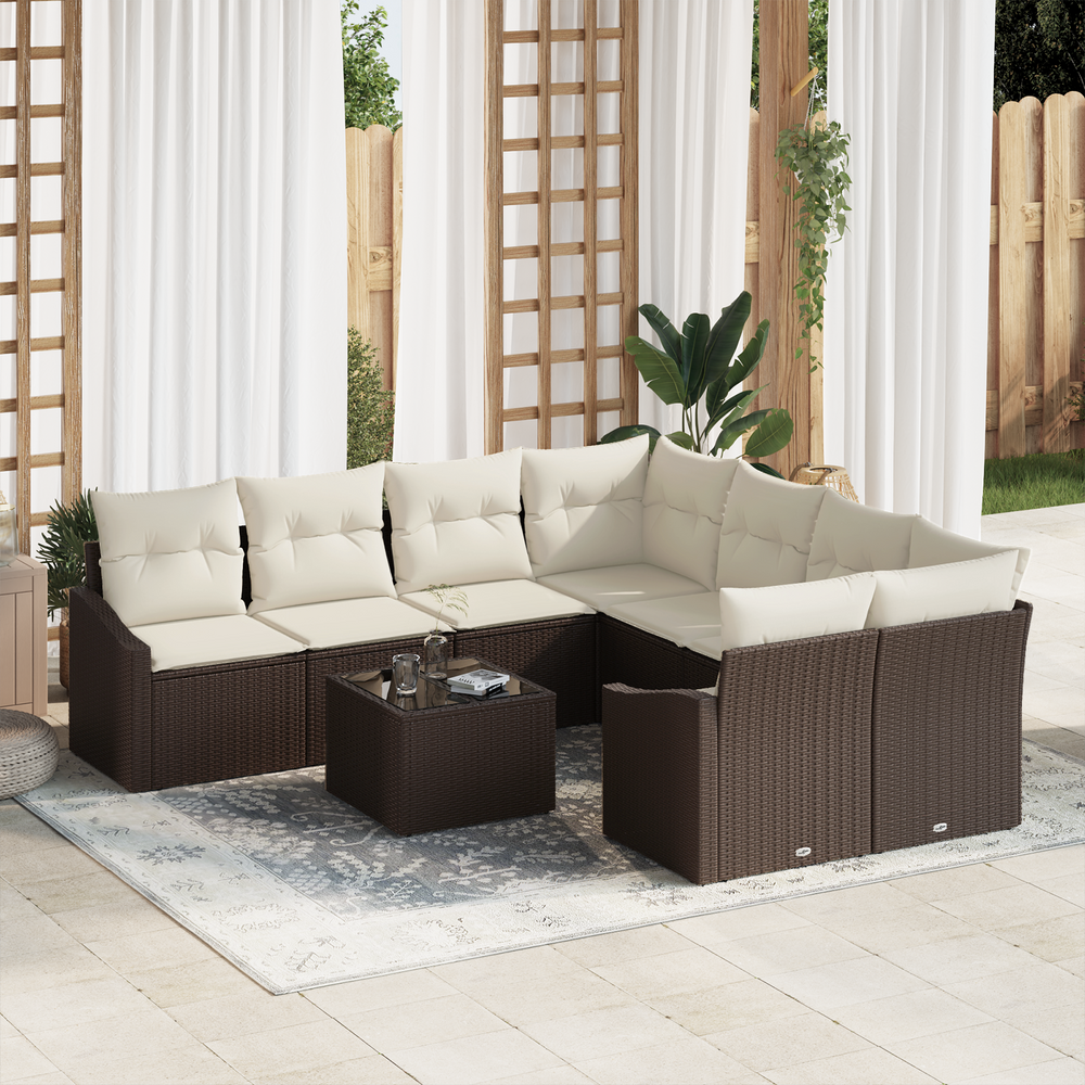 9-piece garden dining set with cushions brown poly rattan
