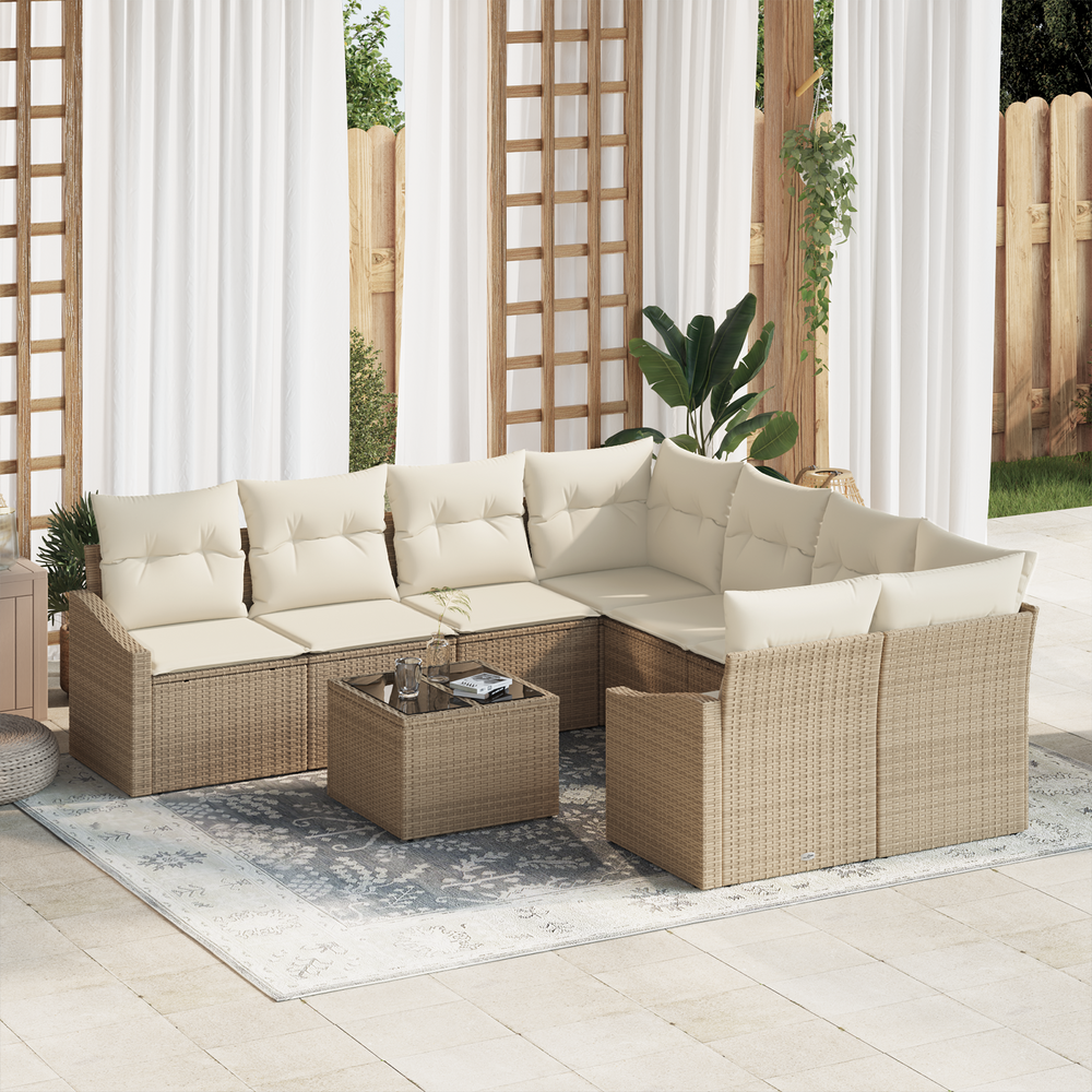 9-piece garden dining set with cushions sand-colored poly rattan