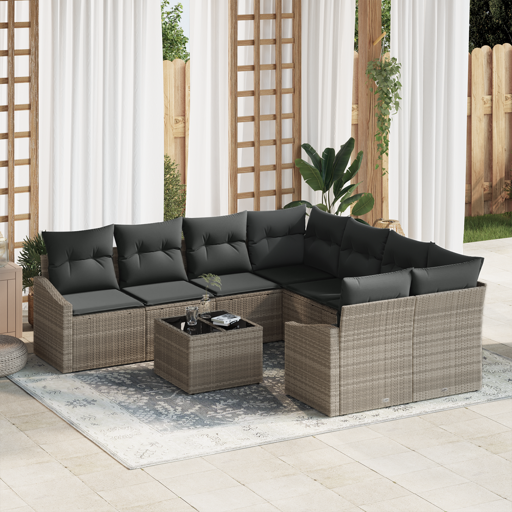 9-piece garden dining set with cushions light grey poly rattan