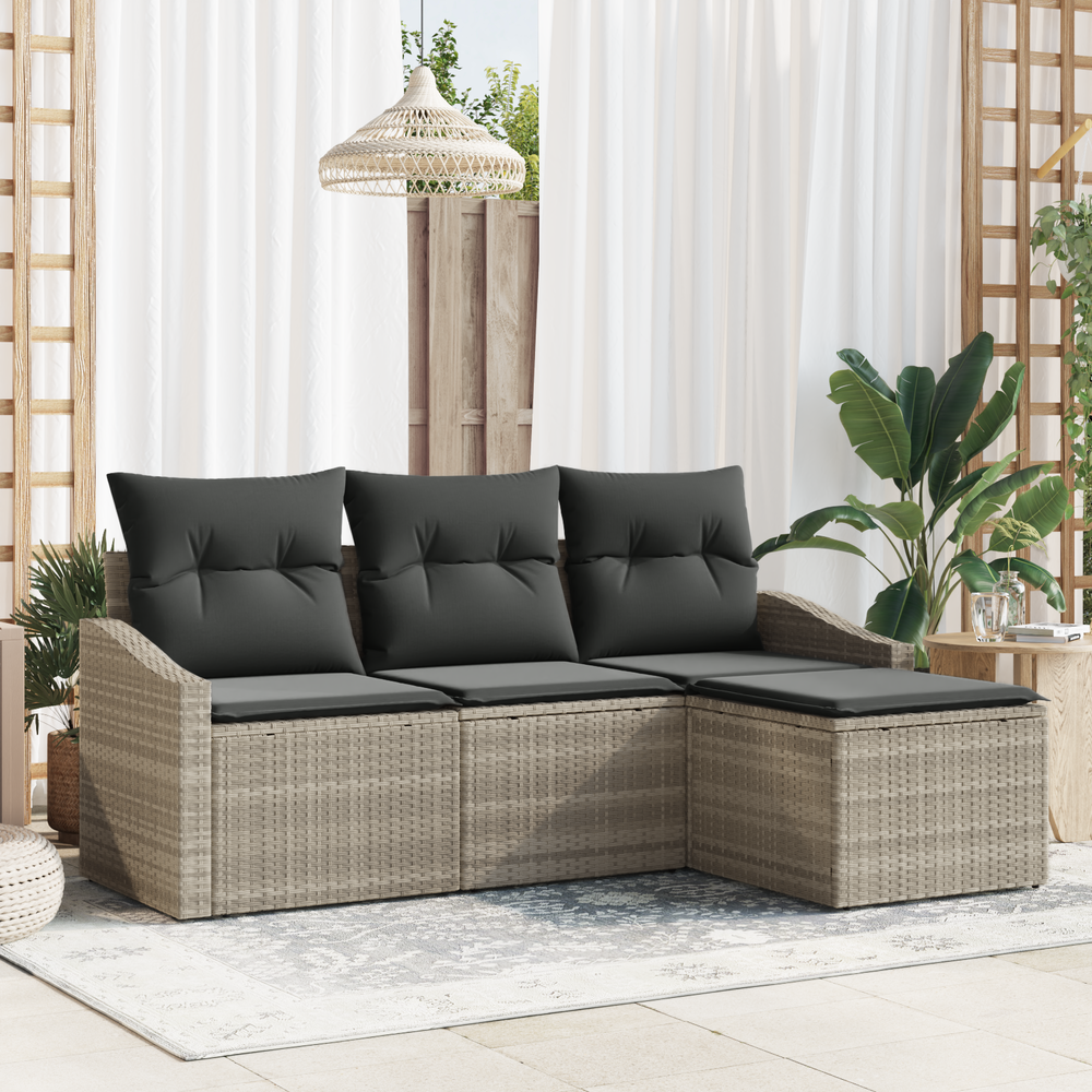 4-Piece Garden Sofa Set with Cushions, Light Grey, Poly Rattan