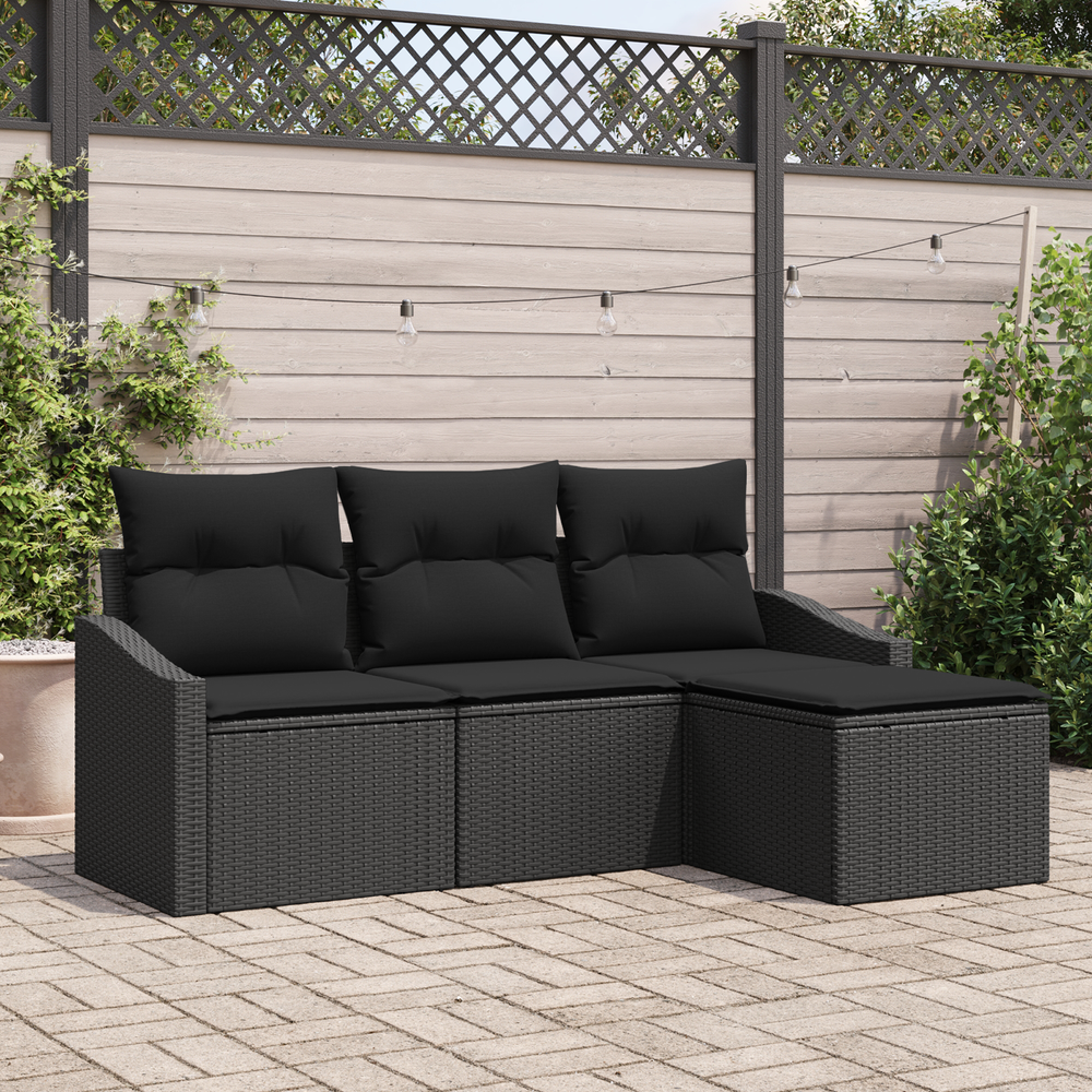 4-piece Garden Sofa Set with Cushions - Black Poly Rattan