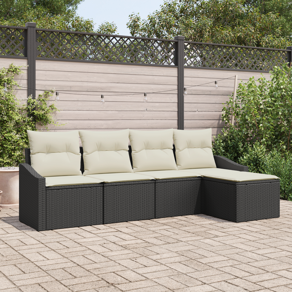 5-Piece Garden Dining Set with Cushions Black Poly Rattan