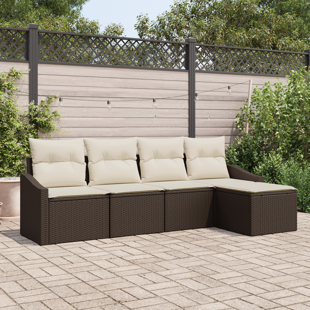 5-Piece Garden Dining Set with Cushions, Brown Poly Rattan