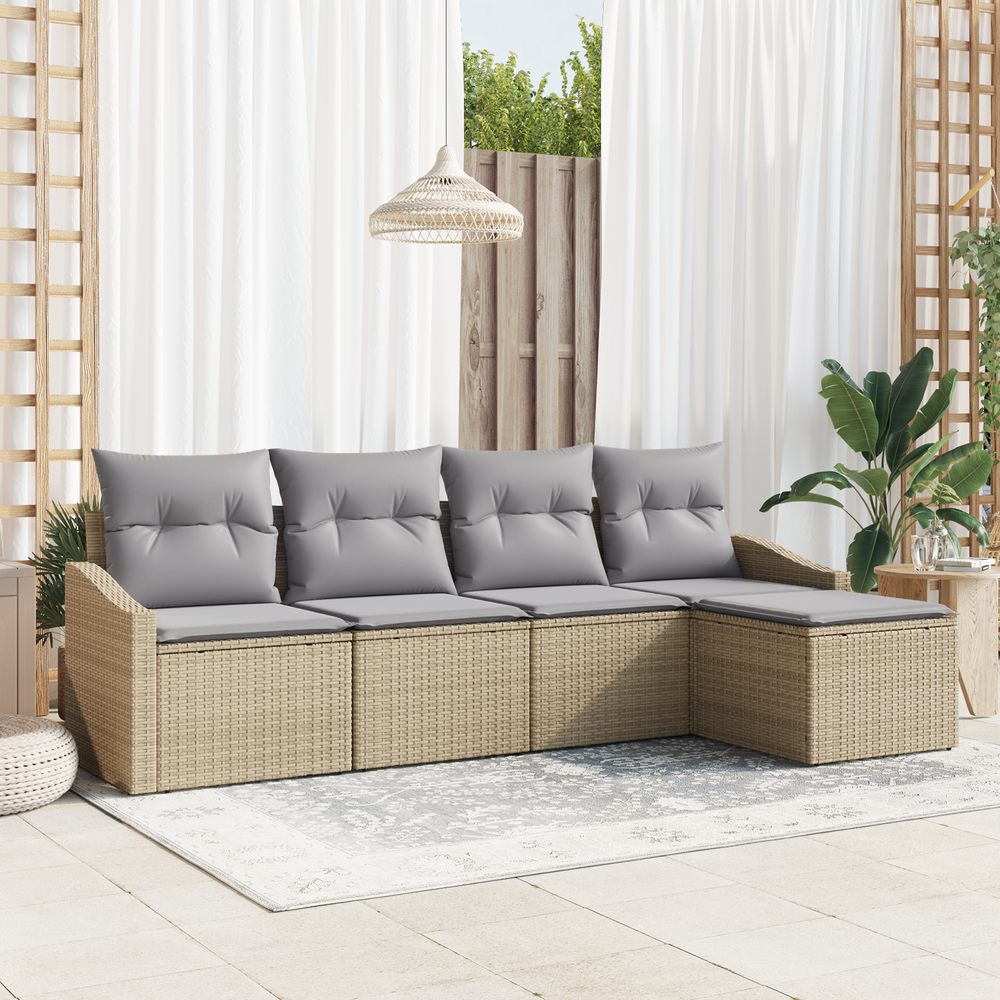 5-Piece Garden Dining Set with Cushions Sand Polyrattan