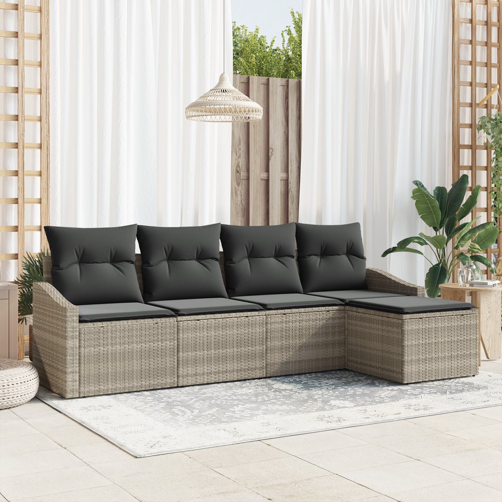5-Piece Garden Dining Set with Cushions Light Grey Poly Rattan