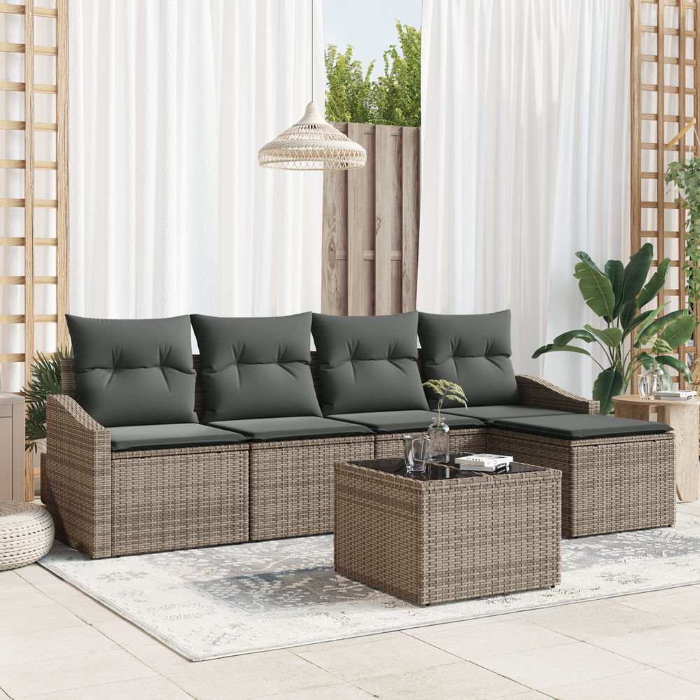 5-piece garden dining set with cushions, black poly rattan