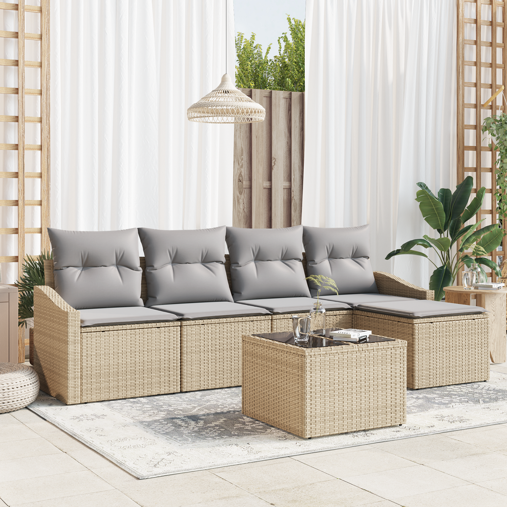 6-piece Garden Dining Set with Cushions, Black Poly Rattan