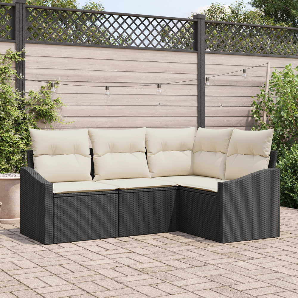 4-piece garden dining set with cushions black poly rattan