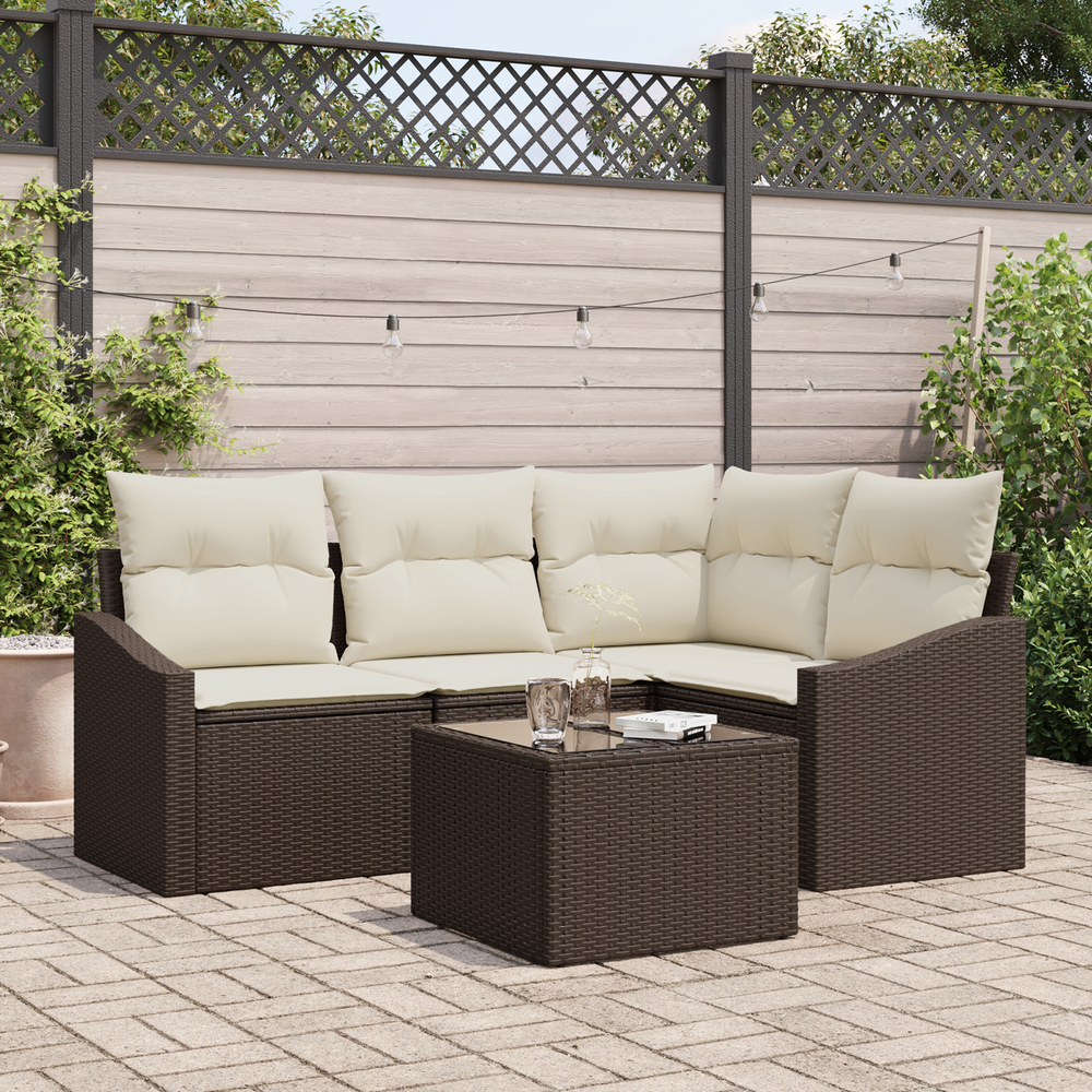 5-Piece Garden Dining Set with Cushions, Grey Poly Rattan