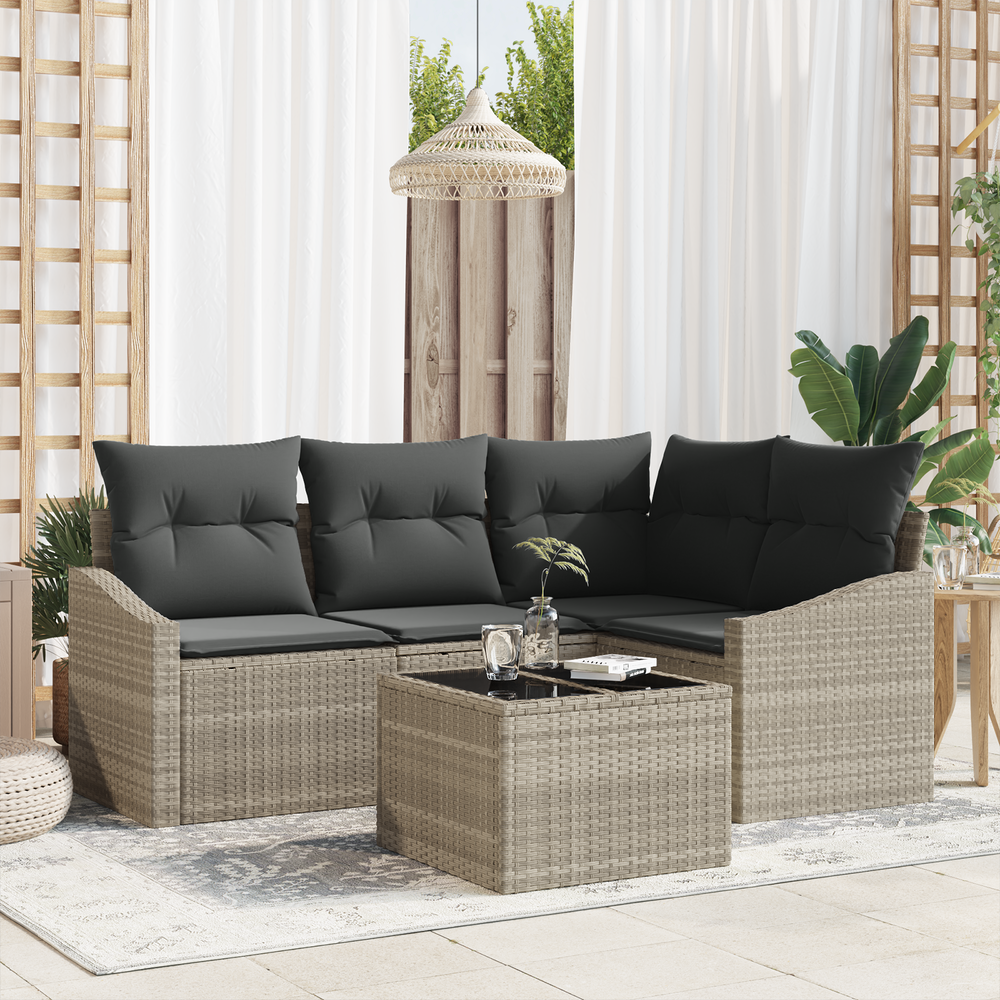 5-piece garden dining set with grey cushions in poly rattan