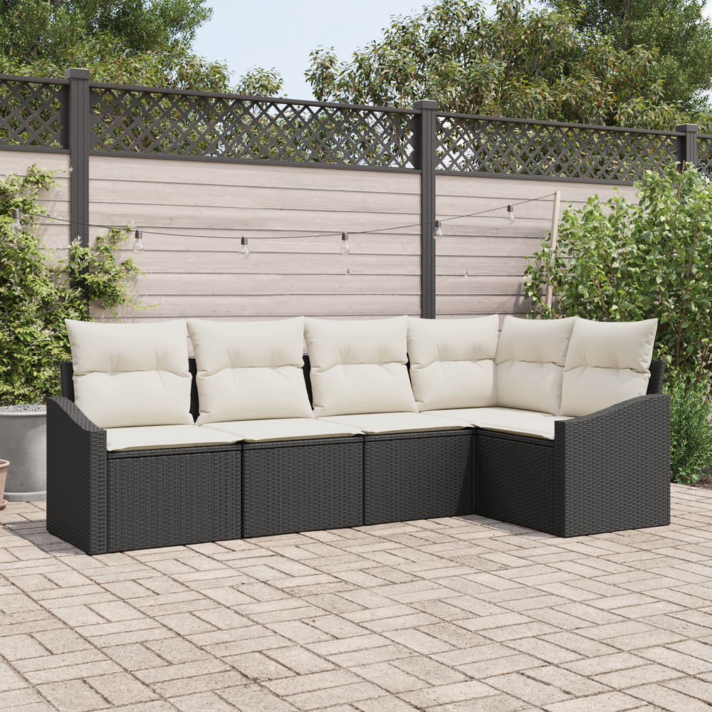 5-piece garden dining set with cushions, black poly rattan