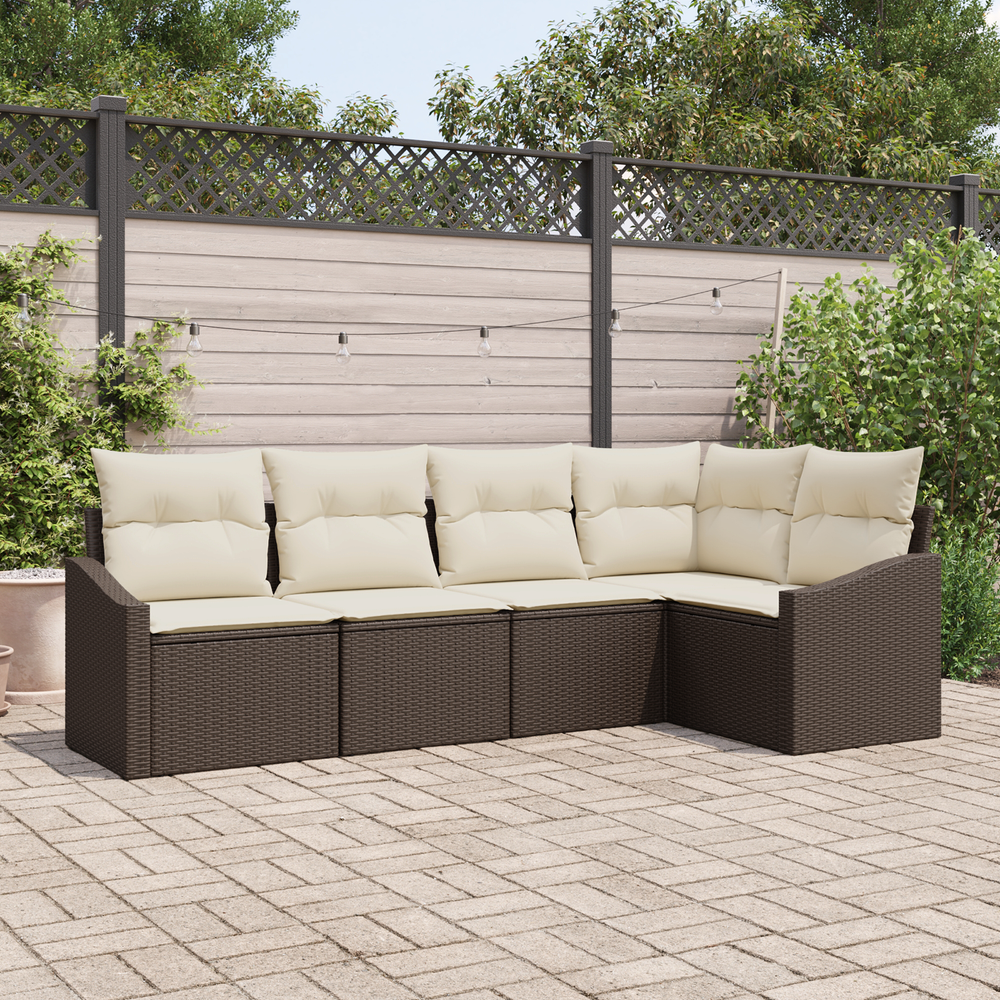 5-Piece Garden Dining Set with Cushions - Brown Poly Rattan