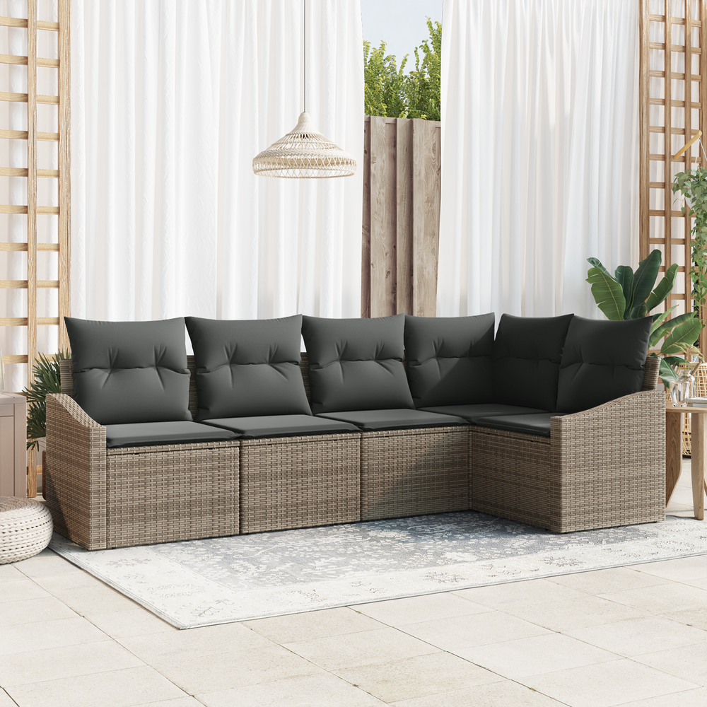 5-Piece Garden Dining Set with Cushions, Grey Poly Rattan