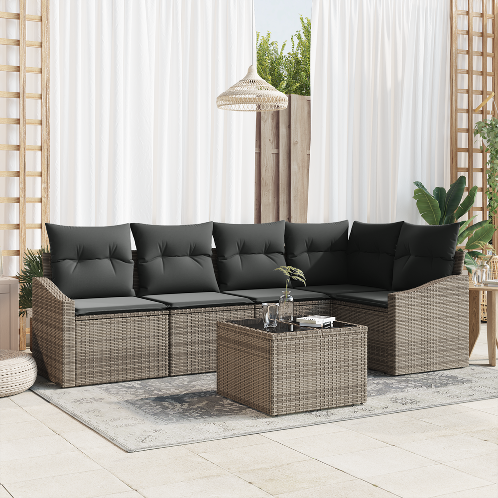 5-piece garden dining set with cushions black poly rattan