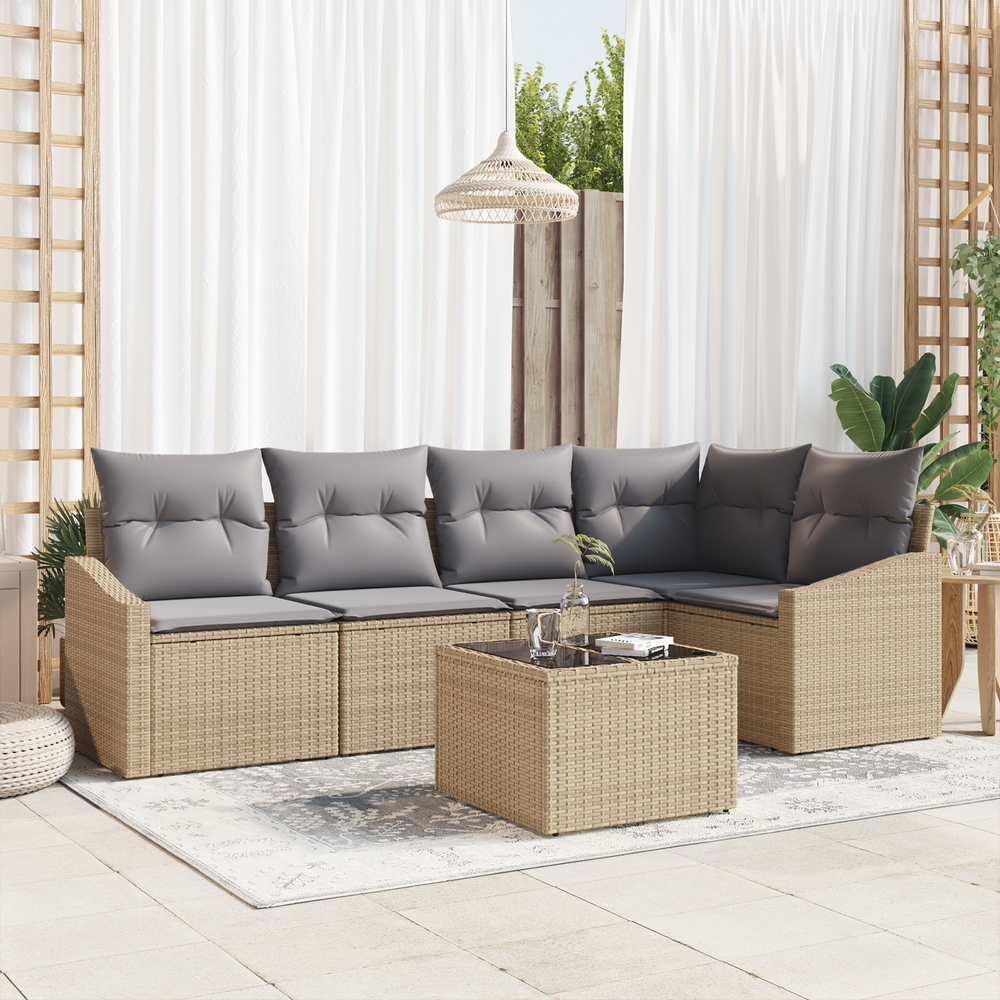 6-Piece Garden Dining Set with Cushions Black Poly Rattan