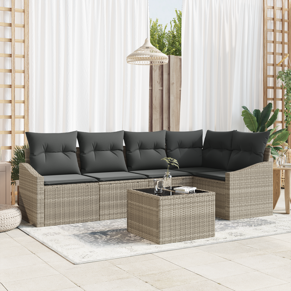 6-piece garden dining set with cushions, grey poly rattan