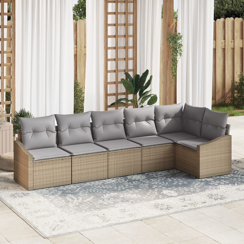 6-piece garden dining set with cushions, beige poly rattan