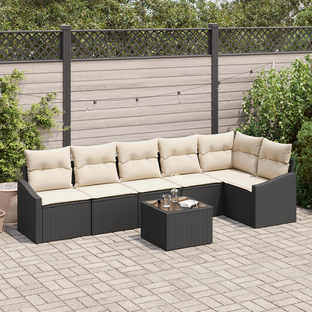 7-piece garden dining set with cushions, black poly rattan