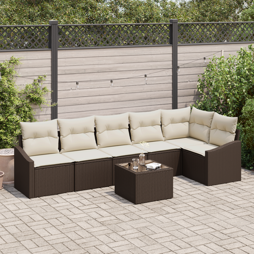 7-piece garden dining set with cushions, brown poly rattan