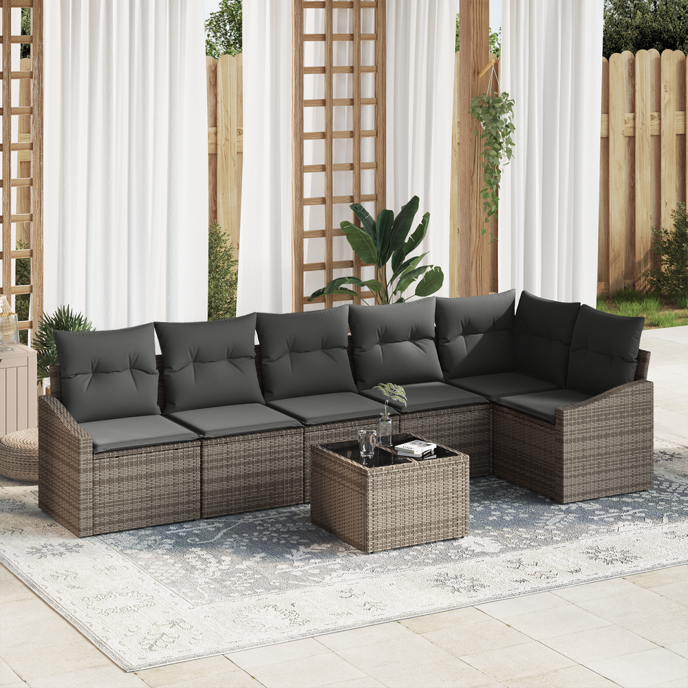 7-piece garden dining set with cushions, grey poly rattan