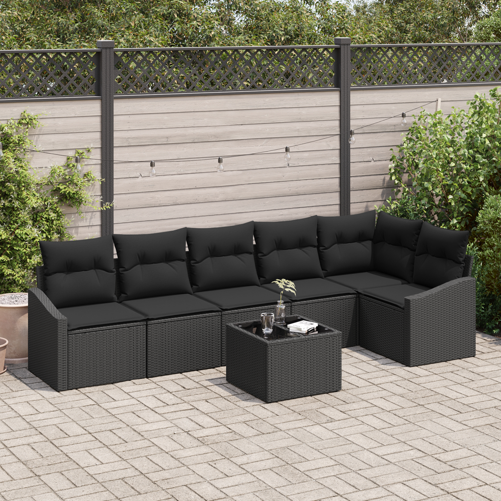 7-piece garden dining set with sand-colored poly rattan cushions.