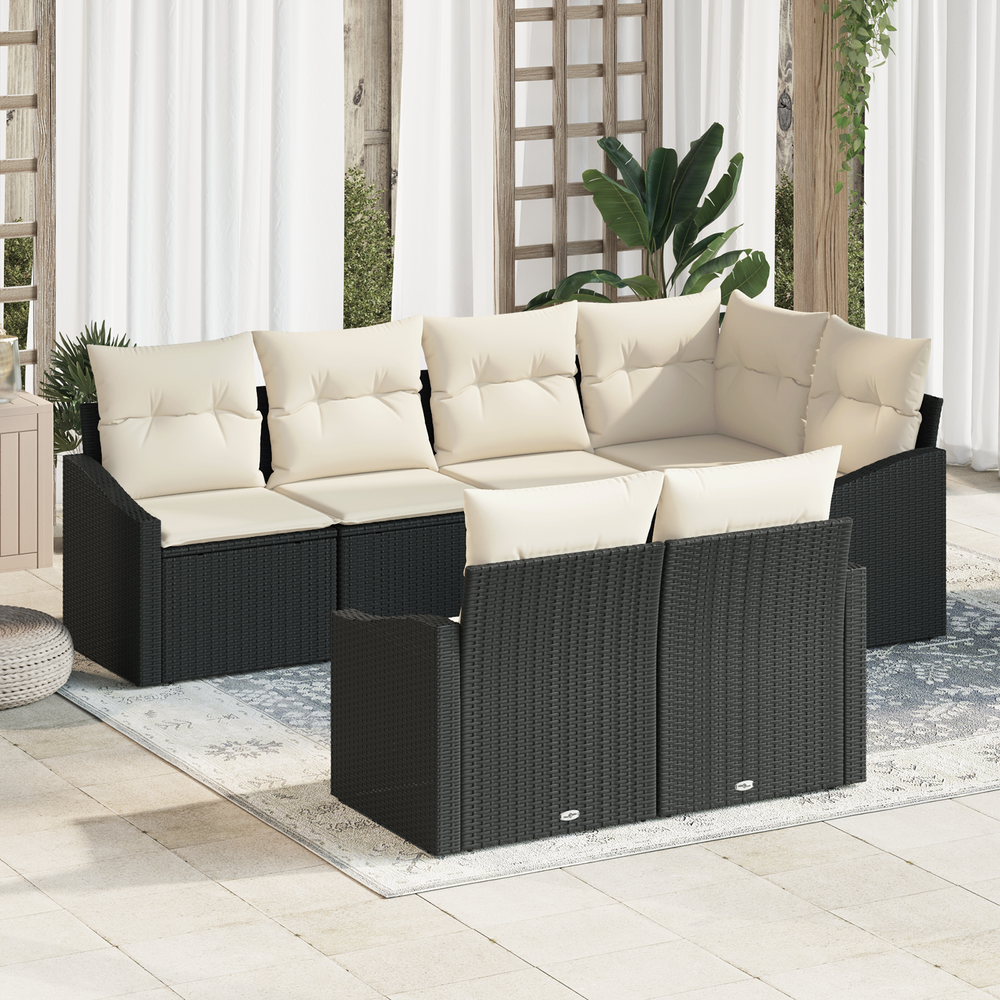 7-piece garden dining set with cushions black poly rattan