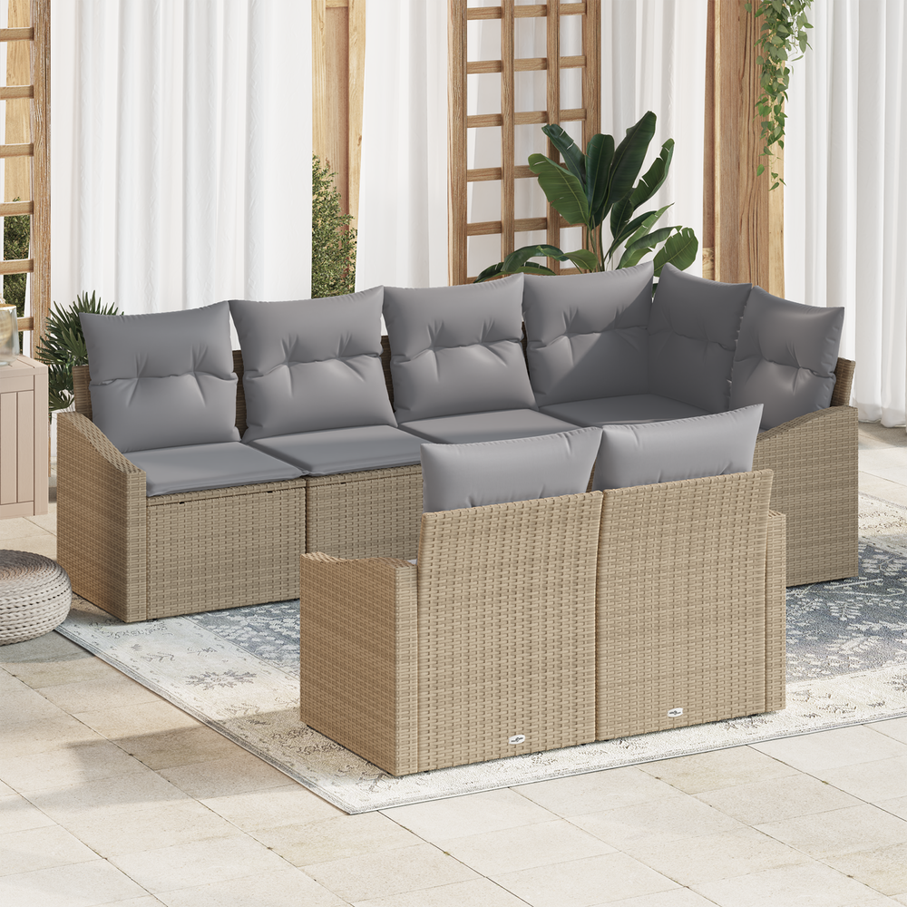 7-piece garden dining set with cushions light grey poly rattan
