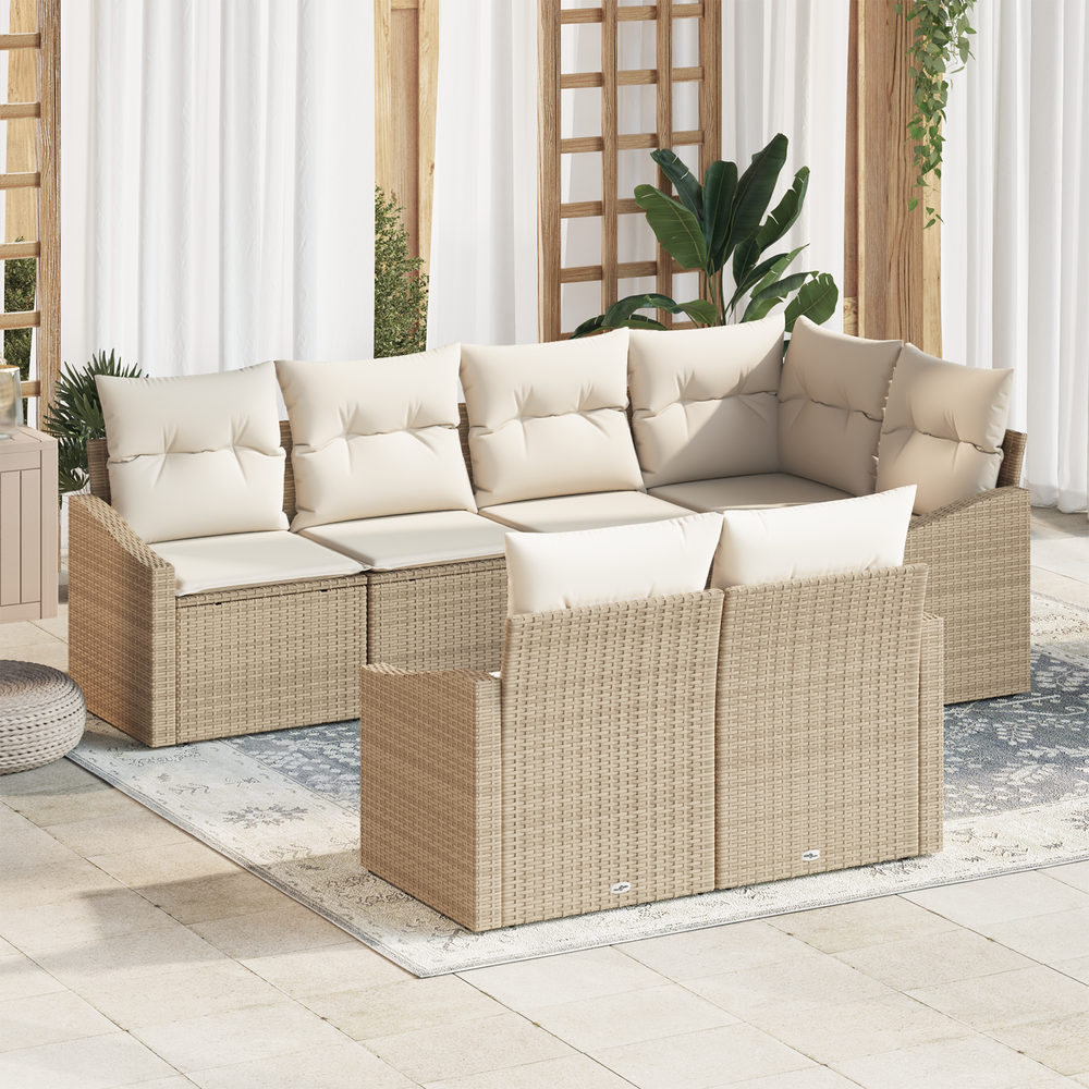 7-piece outdoor dining set with cushions, sand, poly rattan.