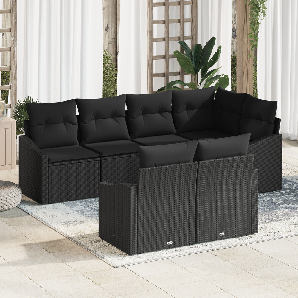 7-piece garden dining set with cushions black poly rattan