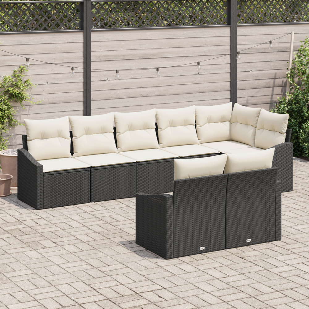 8-piece garden dining set with cushions, black poly rattan
