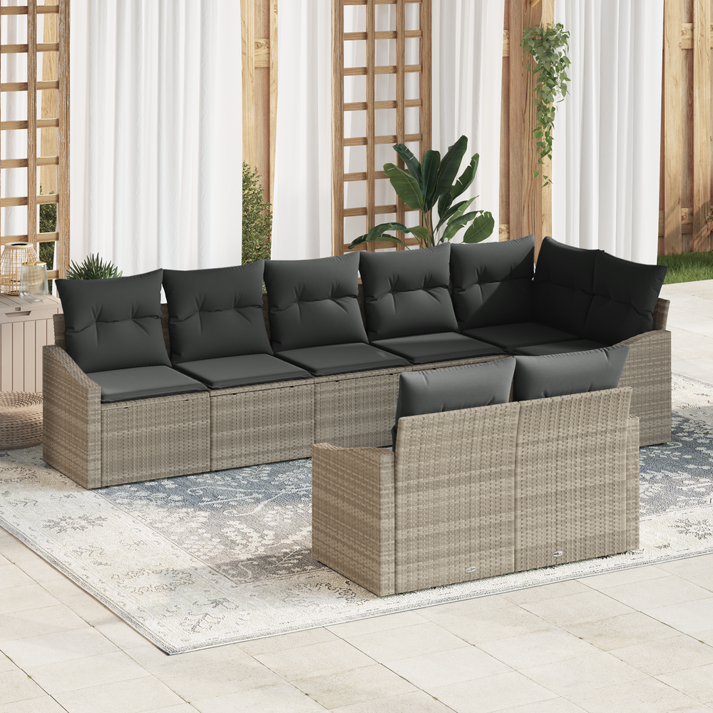 8-piece Garden Dining Set with Cushions, Light Grey, Poly Rattan