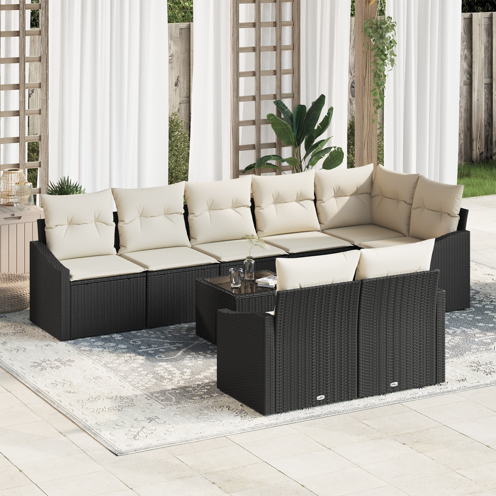 8-piece garden dining set with cushions, brown poly rattan