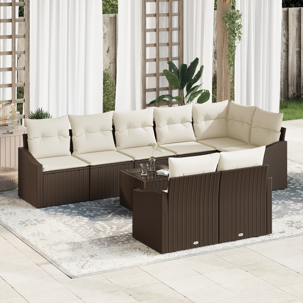 9-piece garden dining set with cushions - brown poly rattan
