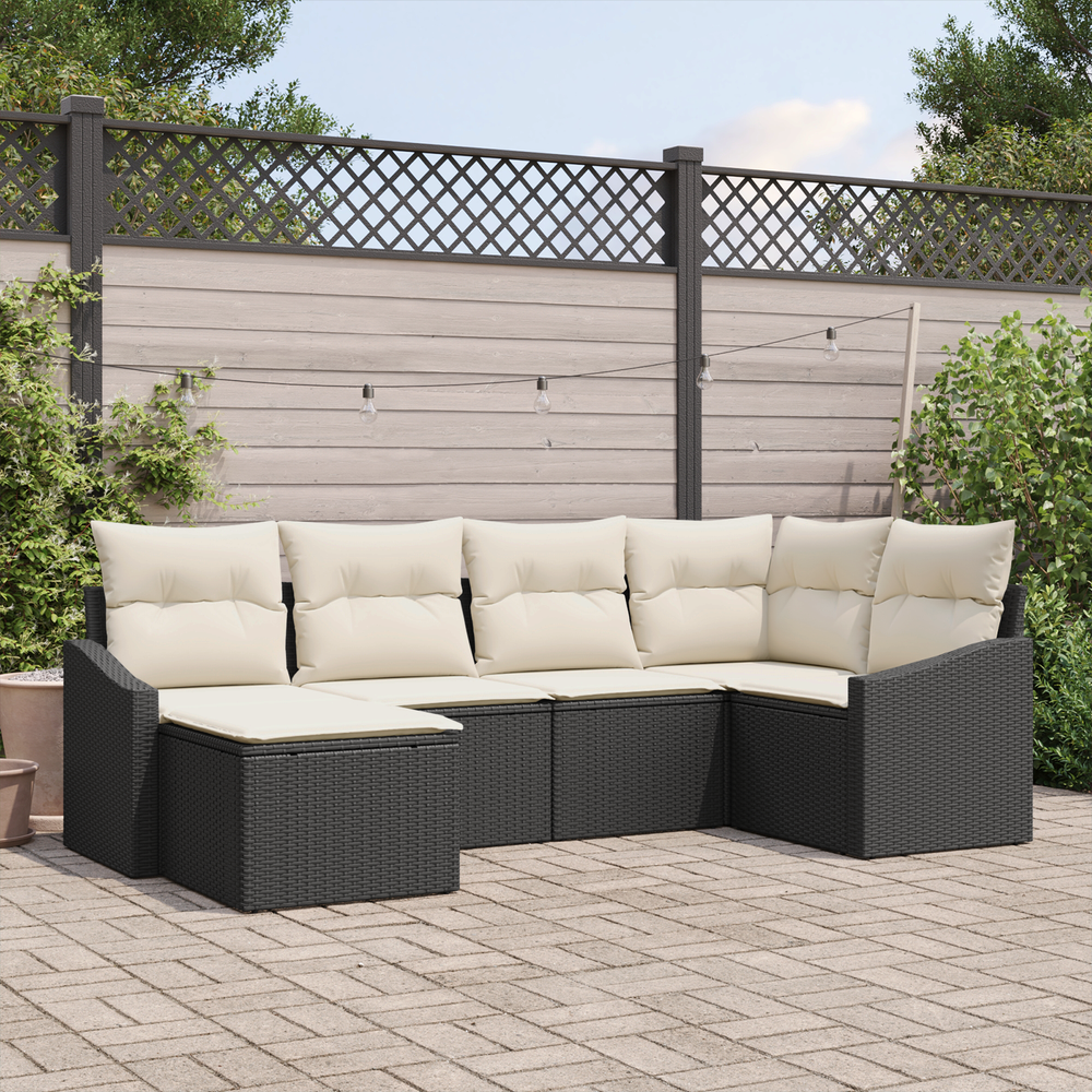 6-Piece Garden Dining Set with Cushions, Black Poly Rattan