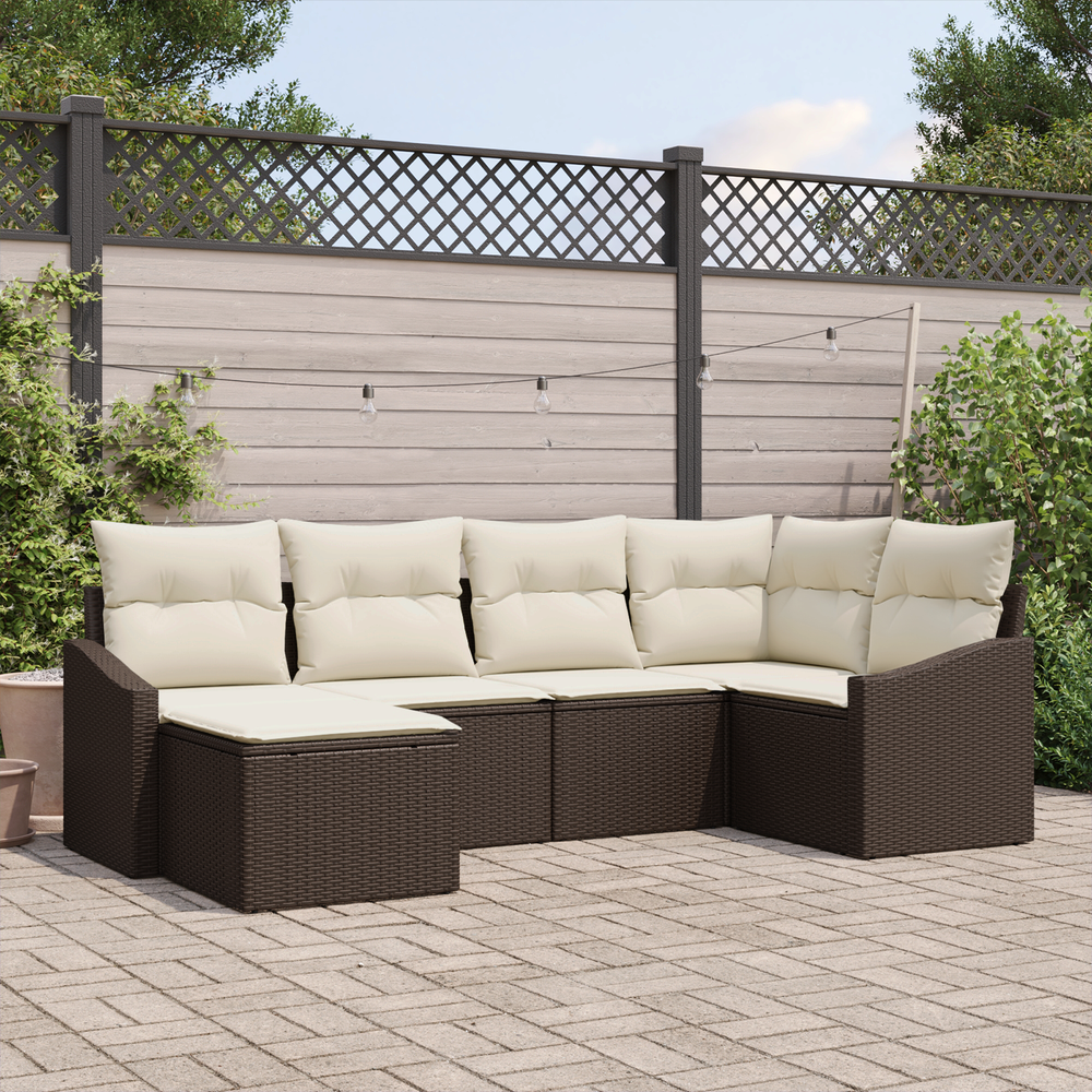 6-piece garden dining set with cushions, brown poly rattan
