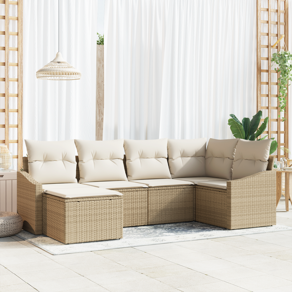 6-piece garden dining set with cushions, sand, poly rattan