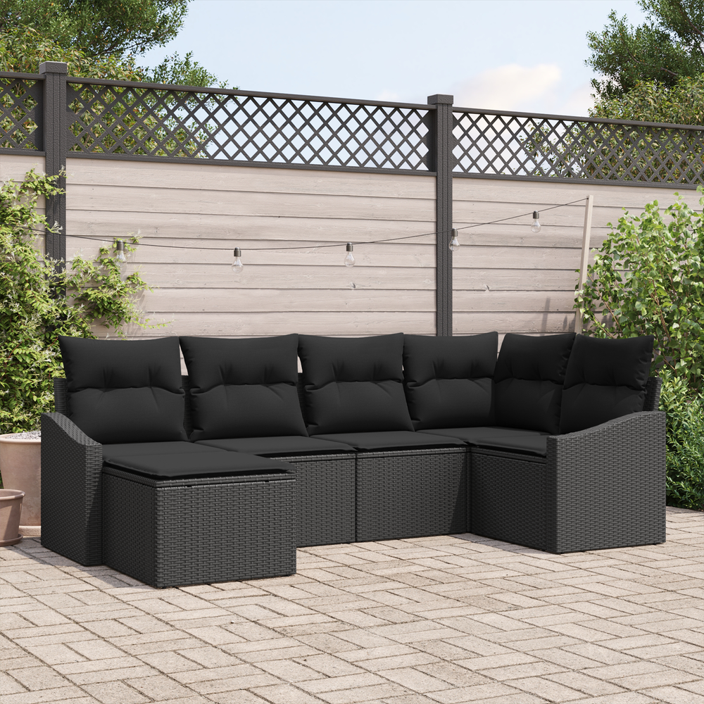 6-piece outdoor dining set with cushions, black poly rattan