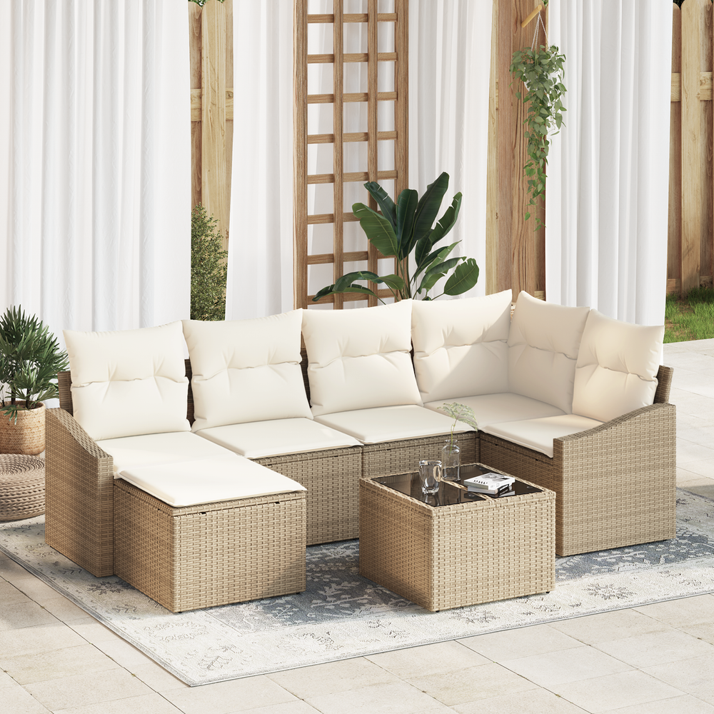 7-piece garden dining set with cushions, brown poly rattan