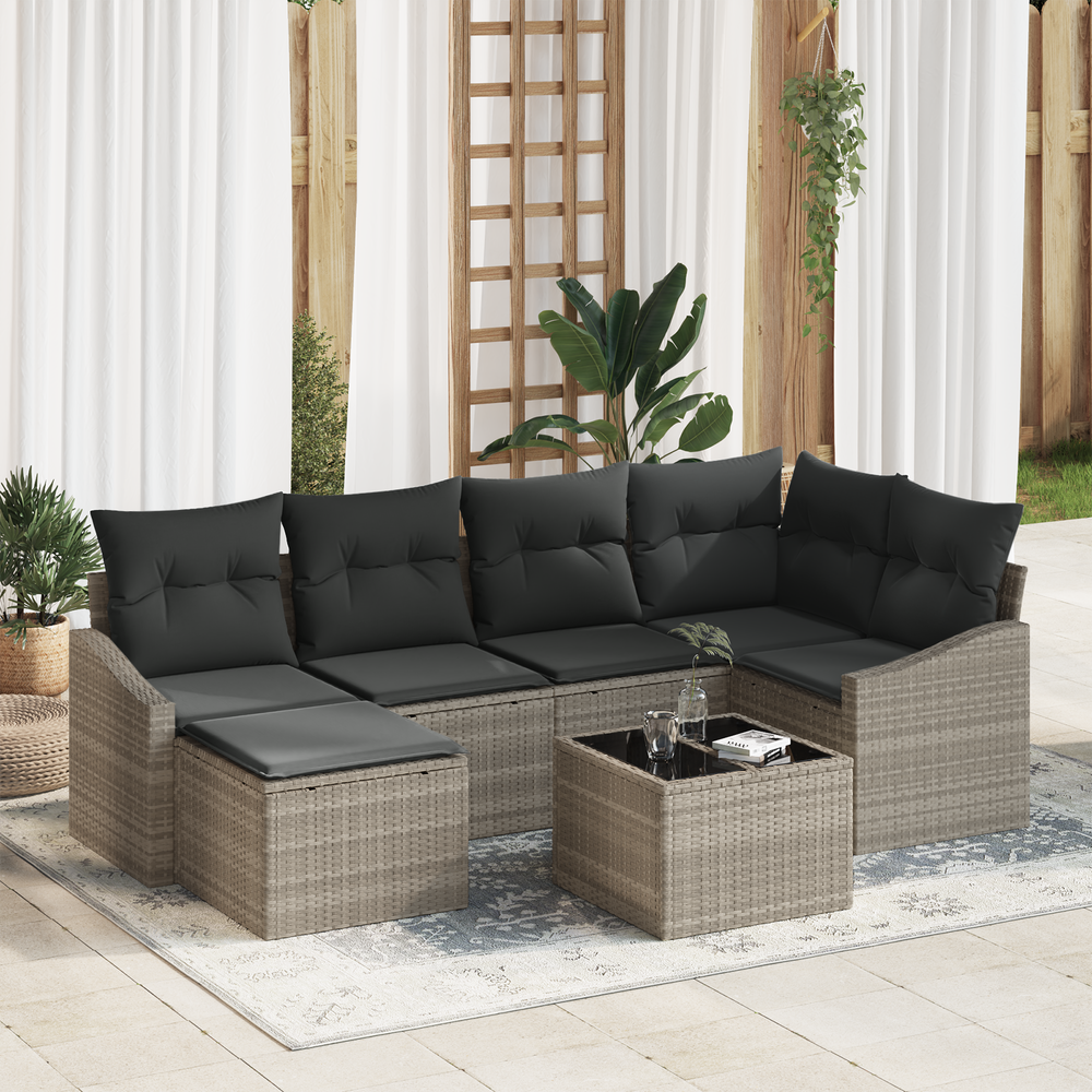 <strong>7-piece garden dining set with cushions</strong>, grey, poly rattan.