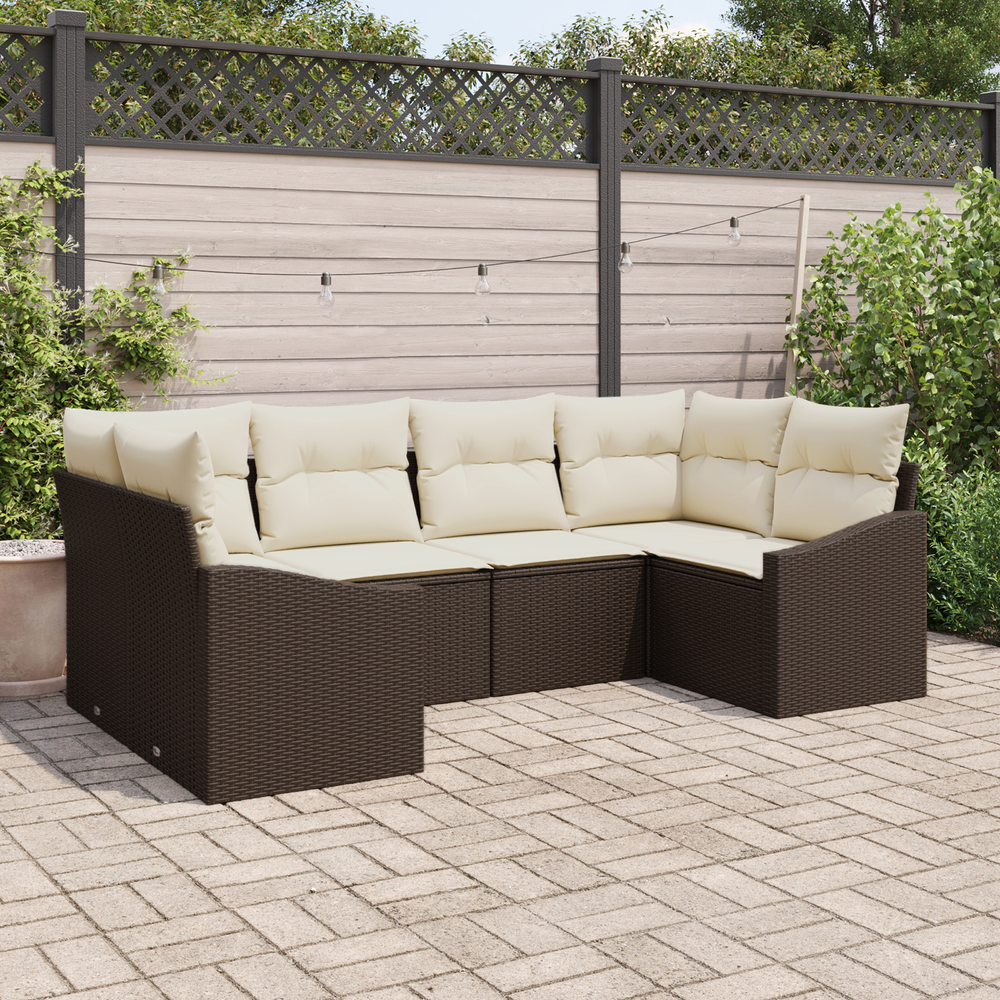 6-piece garden sofa set with cushions, brown poly rattan