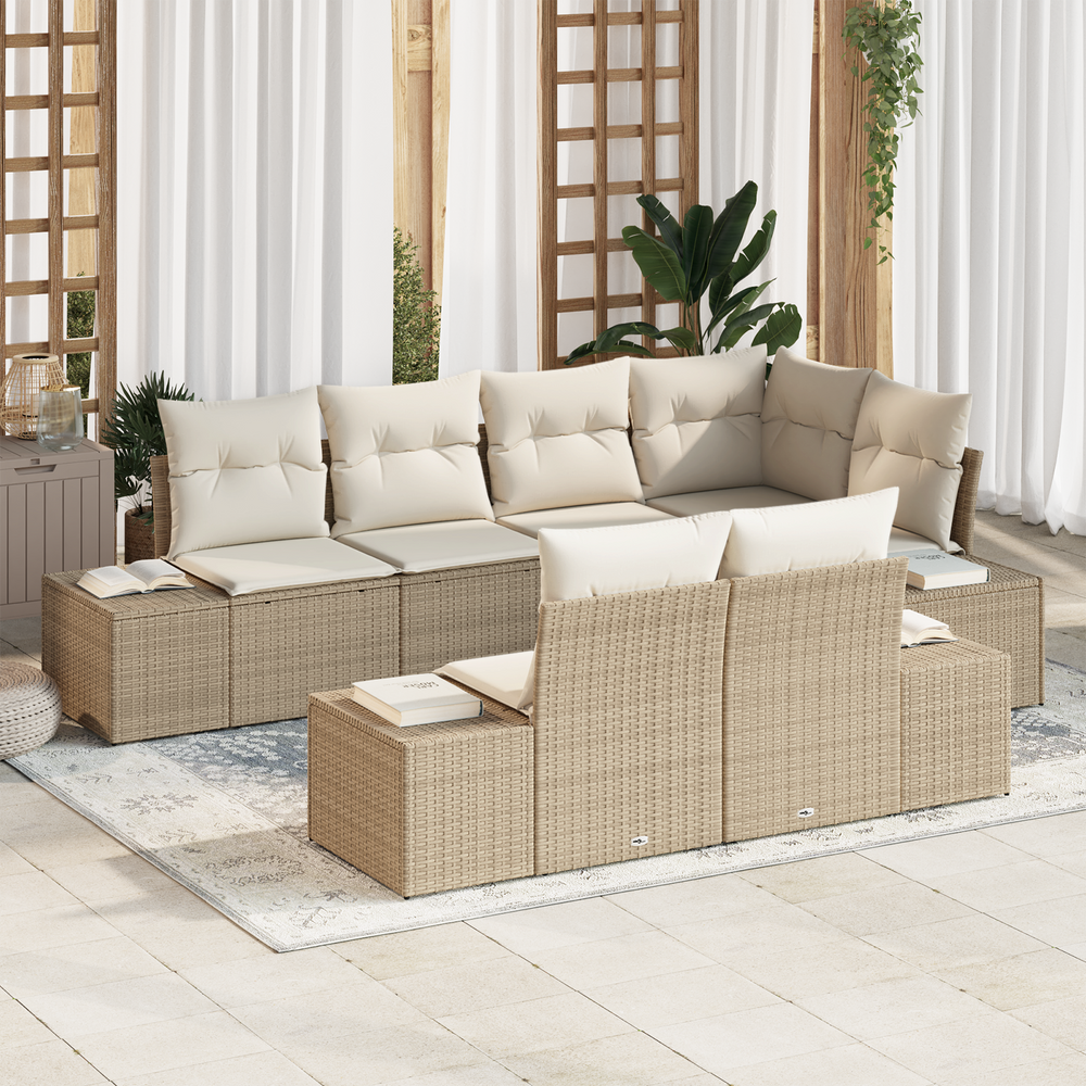 7-Piece Garden Sofa Set with Cushions, Sand Poly Rattan